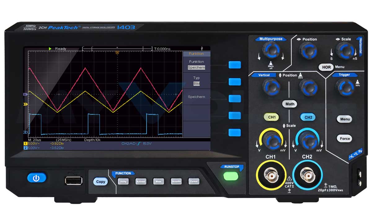 Speicheroszilloskop PeakTech P-1403 - 2CH - 50MHz - Digital-Oszilloskop Speicheroszilloskop PeakTech P-1403 - 2CH - 50MHz - Digital-Oszilloskop